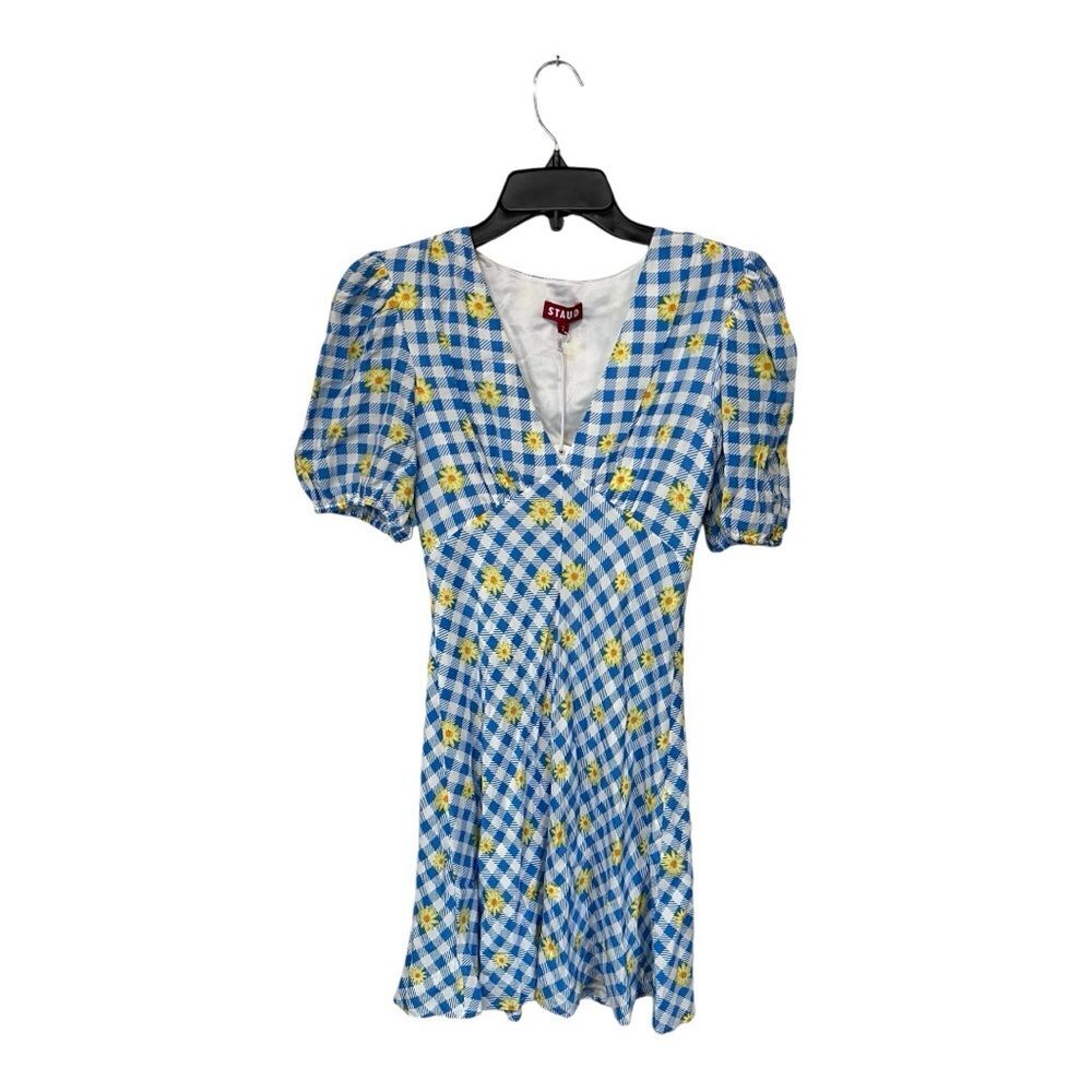 NWT STAUD | Mini Milla Dress in Gingham Daisy Plaid Puff Sleeve V Neck 2 - Picture 2 of 11